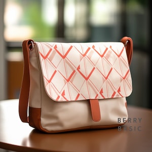 Peut inclure: Un sac messager en toile beige avec un motif géométrique rouge et blanc. Le sac a une bandoulière et un rabat en cuir marron.