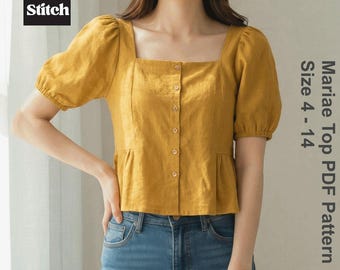 Square Neck Top PDF Sewing Pattern | Puff Sleeve Blouse Pattern | Button Down Peplum Shirt | Digital Print at Home | Sizes 4-14 | Everstitch