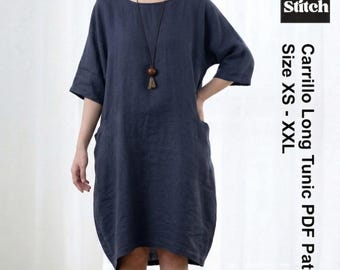 Lagenlook Tunic Dress Pattern | Loose Fit Barrel Dress PDF | Beginner Sewing Project with Pockets | Digital Print | Sizes XS-XXL |Everstitch