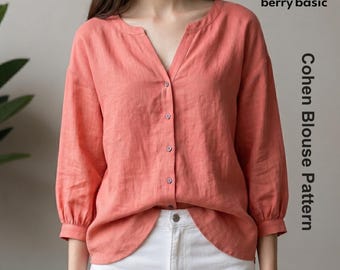 Cohen Button Down Blouse Pattern PDF | 3/4 Sleeve Linen Shirt Tutorial | Relaxed Fit Women's Top | V-Neck Sewing Pattern Sizes xs-xxl