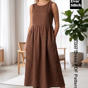 Pode incluir: Um vestido midi castanho sem mangas com decote redondo e cintura franzida. O vestido apresenta um design simples de cor sólida com uma saia larga. O texto na imagem diz Ever Stitch Zizel Dress PDF Pattern.