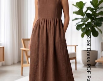 Zizel Sleeveless Midi Dress Sewing Pattern | Gathered Skirt Dress PDF | Dress with Pockets DIY | Women's Linen Dress Template | Everstitch