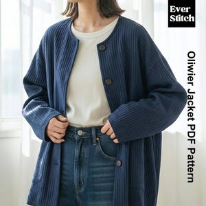 Damen Jacke Schnittmuster | Kragenloser Mantel PDF | Minimalistische Drop Schulter Strickjacke | DIY Casual Layering Wear Größe 4-14 | Immergrün