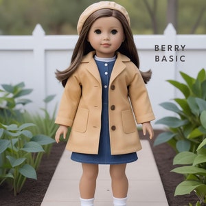 May include: A doll wearing a yellow coat, a blue dress, white socks, and yellow shoes. The doll is wearing a brown beret and has brown hair. The doll is standing on a white path with green plants in the background. The text "BERRY BASIC" is visible in the top right corner of the image.