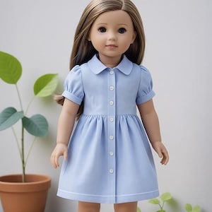 May include: A doll wearing a light blue dress with a white collar and white trim. The dress has short sleeves and a button-down front. The doll is also wearing white shoes. The text "BERRY BASIC" is visible in the bottom left corner.