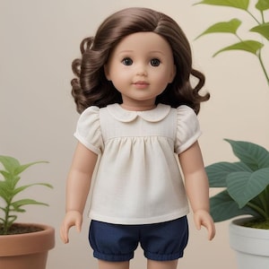 May include: A doll wearing a white collared blouse with puffed sleeves and blue denim shorts. The doll has long brown hair and brown eyes. The text "BERRY BASIC" is visible in the background.