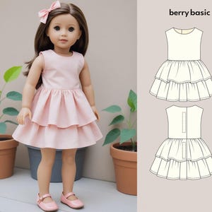 May include: A pink dress with a ruffled skirt and sleeveless bodice. The dress is designed for a doll and has a simple, classic style. The pattern includes a front and back view of the dress.