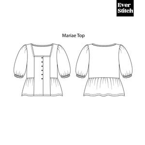 May include: Line drawing of the Mariae Top sewing pattern. The front view shows a square neckline, button-up front, and gathered peplum. The back view is also shown. The sleeves are three-quarter length with ruffled cuffs. The Ever Stitch logo is in the upper right corner.