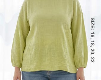 Buchanan-blouse grote maten pdf-naaipatroon | Relaxed-fit damestop | Pofshirt met lange mouwen | Digitale downloadformaten: 16-22 | Doorgestikt: