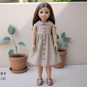 May include: A doll wearing a beige button-down dress with a Peter Pan collar and matching shoes. The doll has long brown hair and is standing in front of two potted plants. The text "BERRY BASIC" is at the bottom left.