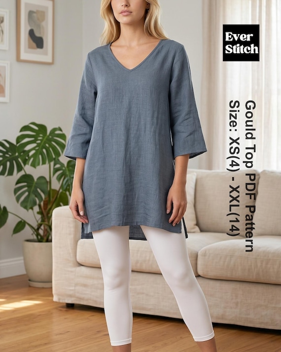 Gould V-Neck Tunic Sewing Pattern | 2 Style Relaxed Fit Blouse PDF | 3/4 Sleeve Top DIY | Women's Shirt Pattern with Side Slits