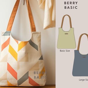 May include: A beige tote bag with a geometric pattern of orange, yellow, and grey stripes. The bag has brown leather straps and the text "BERRY BASIC" is printed on the bottom right corner.