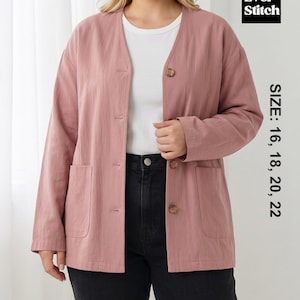 May include: A dusty rose jacket with a V-neck, two front pockets, and wooden buttons. The jacket is worn over a white t-shirt and black jeans. The sizes available are 16, 18, 20, and 22. The brand name is Ever Stitch.