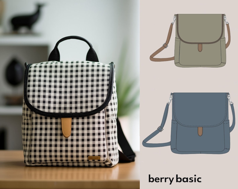 May include: A black and white gingham backpack with a black leather flap and a brown leather strap. The backpack is sitting on a wooden table. The image also shows two other bags in different colors, a green bag and a blue bag.