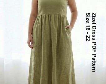 Plus Size Dress Sewing Pattern | Sleeveless Midi Dress PDF | Gathered Waist Linen Dress | Beginner Friendly Size 16 to 22 | Zizel Dress