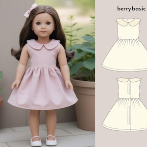 May include: A pink sleeveless dress with a white Peter Pan collar and a gathered skirt. The dress is shown on a doll with brown hair and a pink bow. The image also includes a line drawing of the dress in white on a beige background.