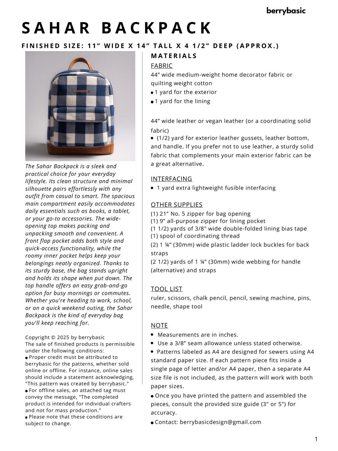 Sahar Backpack PDF Sewing Pattern - Etsy