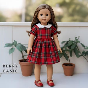 Peut inclure: Une poupée vêtue d'une robe à carreaux rouges avec un col blanc et des chaussures rouges assorties. La robe a une jupe plissée et des manches courtes. La poupée a de longs cheveux bruns. Le texte "BERRY BASIC" est visible.