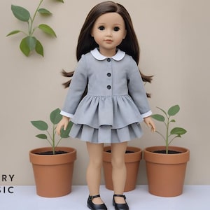 May include: A doll wearing a gray dress with a white collar and cuffs, black shoes, and brown hair. The doll is standing in front of three terracotta pots with green plants. The text "BERRY BASIC" is at the bottom left.