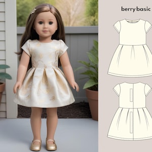 Op de afbeelding: Een pop die een gouden en witte jurk draagt met een geplooide rok. De jurk lijkt op het patroon dat op de afbeelding wordt getoond, dat is gelabeld "berry basic".