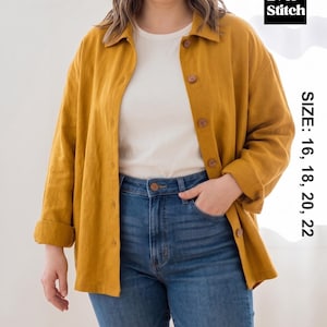 May include: A mustard yellow button-down shirt with rolled-up sleeves, worn over a white t-shirt and paired with blue jeans. The image includes the text "Ever Stitch" and "SIZE: 16, 18, 20, 22".