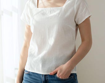 Naaipatroon top Luisa vierkante hals | Damesblouse met korte mouwen PDF | Zelfverzekerd shirtpatroon voor beginners | Thuis afdrukken | Doorgestikt: