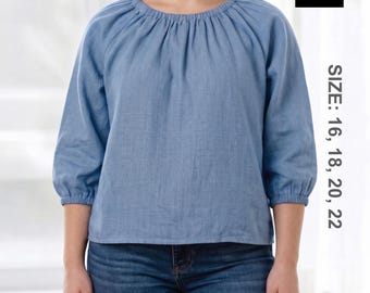 Naaipatroon Ismael Curvy-blouse PDF | Top met raglanmouwen en grote maten | Verzameld boerenshirt | Geschikte blouse voor beginners | Doorgestikt: