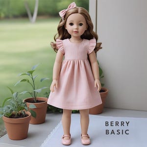 May include: A doll wearing a light pink dress with ruffled sleeves and matching shoes. The doll has long, wavy brown hair and a pink bow. The text "BERRY BASIC" is printed in black on the bottom right.