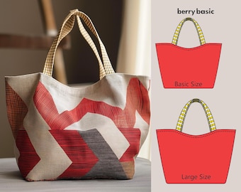 May include: A red and white striped tote bag with a geometric pattern. The bag has a large, open top and two long handles. The bag is shown next to a diagram of a tote bag in two sizes, labeled "Basic Size" and "Large Size".