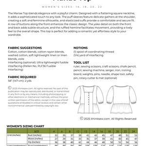 May include: A sewing pattern for the Mariae Top, featuring a square neckline and puff sleeves. Includes fabric suggestions, notions, and a tool list. The Women's sizing chart provides measurements in inches and centimeters.
