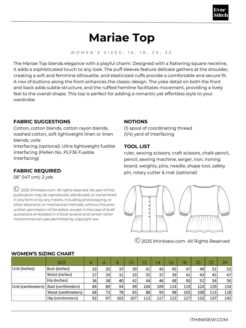 May include: A sewing pattern for the Mariae Top, featuring a square neckline and puff sleeves. Includes fabric suggestions, notions, and a tool list. The Women's sizing chart provides measurements in inches and centimeters.