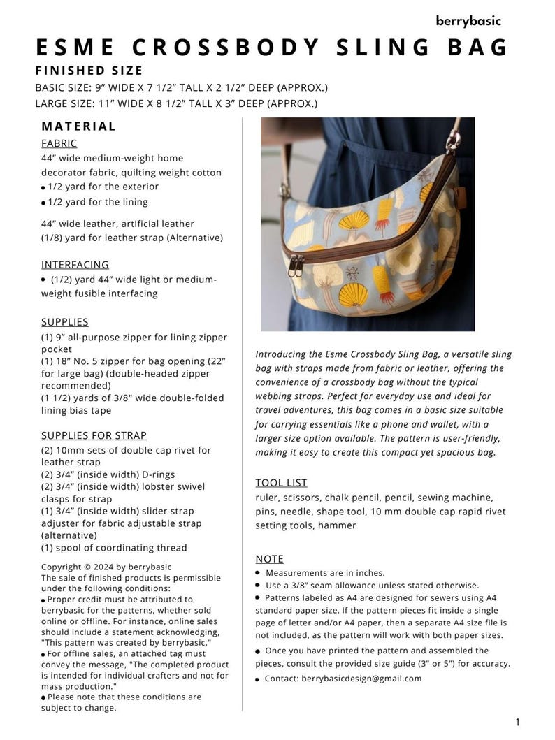 Esme Crossbody Sling Bag PDF Sewing Pattern (2 Sizes) - Easy Sewing ...