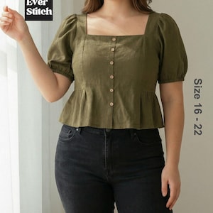 May include: Olive green linen top with a square neckline, button-down front, and short puff sleeves. The top has a peplum hem and is paired with black jeans. The text "Ever Stitch" is in the upper left corner. Size 16-22.