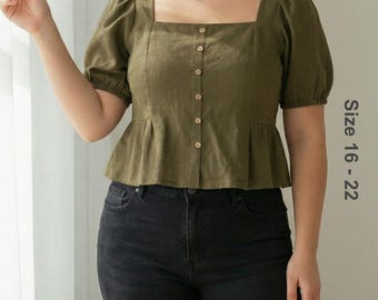 Naaipatroon Mariae-top grote maten | Blouse met vierkante hals pdf-maat 16-22 | Peplum shirt met pofmouwen | Curve dameskleding | Doorgestikt: