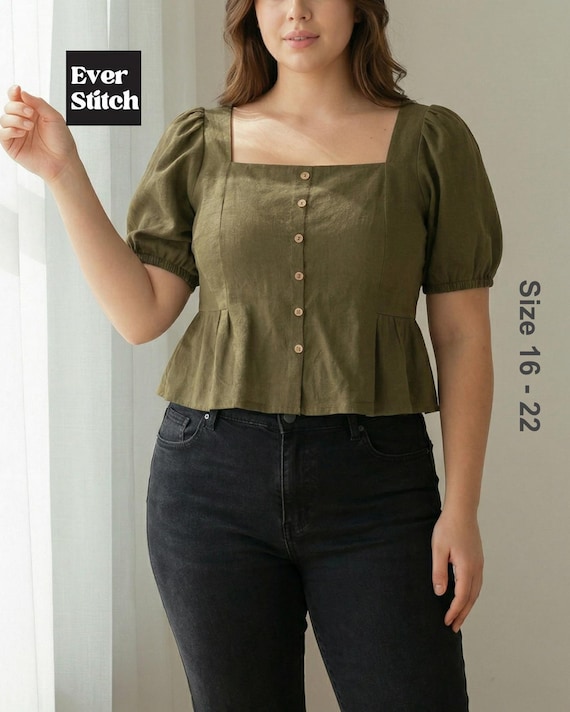 Plus Size Mariae Top Sewing Pattern | Square Neck Blouse PDF Size 16-22 | Puff Sleeve Peplum Shirt | Curve Women Apparel | Everstitch