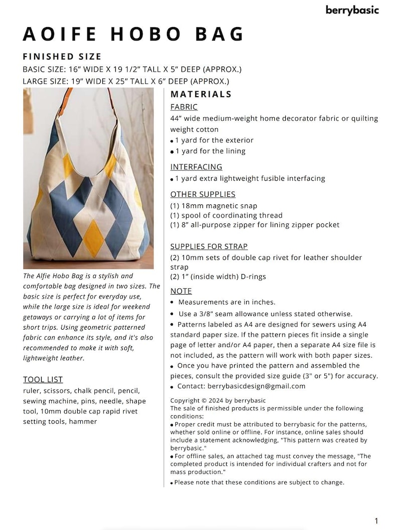 Aoife Hobo Bag PDF Sewing Sewing Pattern (2 Sizes) - Easy Sewing ...