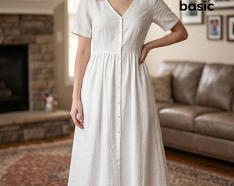 Obrien Button Down Dress Sewing Pattern PDF | V-Neck Gathered Waist Midi Dress | Classic Summer Dress Tutorial | DIY Women Clothing