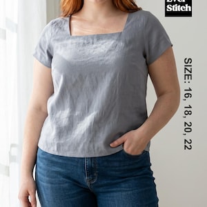May include: A pale grey linen top with a square neckline and short sleeves. The top is worn with blue jeans. The image includes the text "Ever Stitch" and size options: 16, 18, 20, and 22.