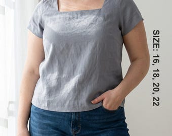 Curvy Fit Anas blouse met korte mouwen pdf naaipatroon |  Top met vierkante hals | Minimalistisch shirt | Naaien voor beginners: doe-het-zelf | A0-A4-letter met doorgestikte steken