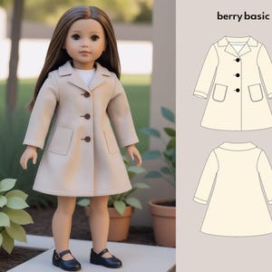 May include: A beige doll coat with a collar, pockets, and buttons. The coat is shown on a doll and also as a line drawing.