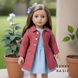 May include: A doll wearing a red coat with a blue dress underneath. The doll has long brown hair with a blue bow. The doll is standing in front of a potted plant.