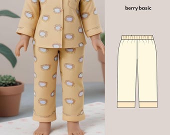 May include: A yellow and white patterned pyjama set with a long-sleeved top and trousers. The top has a button-up front and the trousers have an elastic waistband. The pattern features a repeated design of white circles with a brown outline.