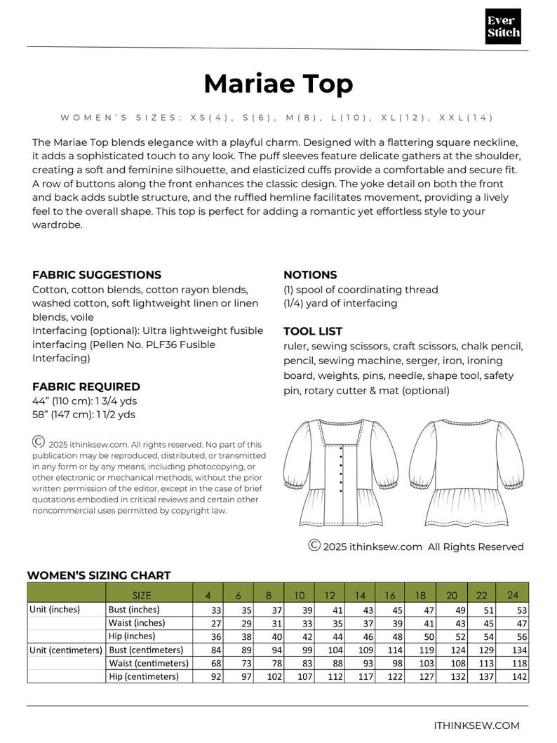 Square Neck Top PDF Sewing Pattern | Puff Sleeve Blouse Pattern ...