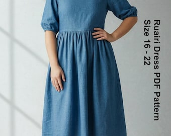 Plus Size Dress Pattern PDF | Puff Sleeve Midi Dress Sewing Pattern | Gathered Skirt Dress | Women Sizes 16-22 | Ruairi Dress | Everstitch