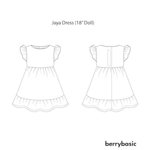 K&ouml;nnte beinhalten: Strichzeichnung des Jaya-Kleides f&uuml;r eine 45,7 cm gro&szlig;e Puppe. Das Kleid hat einen R&uuml;schensaum und &Auml;rmel. Vorder- und R&uuml;ckansicht sind abgebildet. Der Text "Jaya Dress (18" Doll)" steht oben. Der Markenname "berrybasic" steht unten.