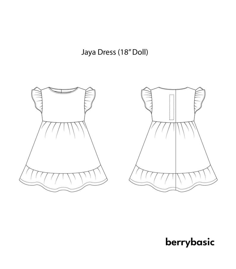 K&ouml;nnte beinhalten: Strichzeichnung des Jaya-Kleides f&uuml;r eine 45,7 cm gro&szlig;e Puppe. Das Kleid hat einen R&uuml;schensaum und &Auml;rmel. Vorder- und R&uuml;ckansicht sind abgebildet. Der Text "Jaya Dress (18" Doll)" steht oben. Der Markenname "berrybasic" steht unten.