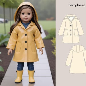 May include: A yellow raincoat with a hood for a doll. The raincoat has a button closure and two pockets. The doll is wearing blue jeans and yellow rain boots. The pattern includes a line drawing of the raincoat.
