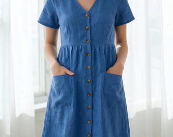 Naaipatroon Cecil zomerjurk | Jurk met V-hals button-down pdf | Tuniekjurk met korte mouwen en zakken dames | Doorgestikt: