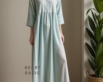 Simple Krishan Relaxed Fit Dress Sewing Pattern PDF | 3/4 Sleeve Loungewear Dress | Button Front Dress with Pockets | Women's Everyday Dress