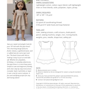 K&ouml;nnte beinhalten: Schnittmuster f&uuml;r ein Jaya-Kleid f&uuml;r eine 18-Zoll-Puppe. Das Kleid hat flatternde &Auml;rmel, eine geraffte Taille und einen R&uuml;schensaum. Das Muster enth&auml;lt Stoffvorschl&auml;ge, Zutaten und eine Werkzeugliste. Das Kleid wird mit Klettverschluss geschlossen.